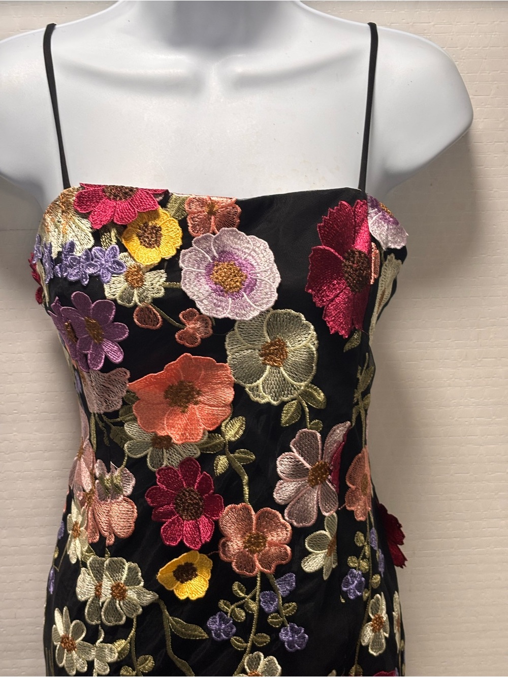 Black Floral Embroidered Spaghetti Strap Dress